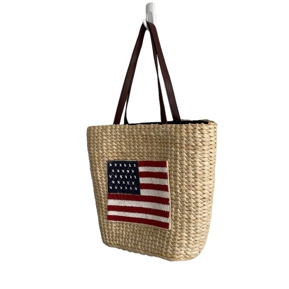 STRAW Woven Tote Bag Purse American USA Flag
Leather Handles - Picture 3 of 9